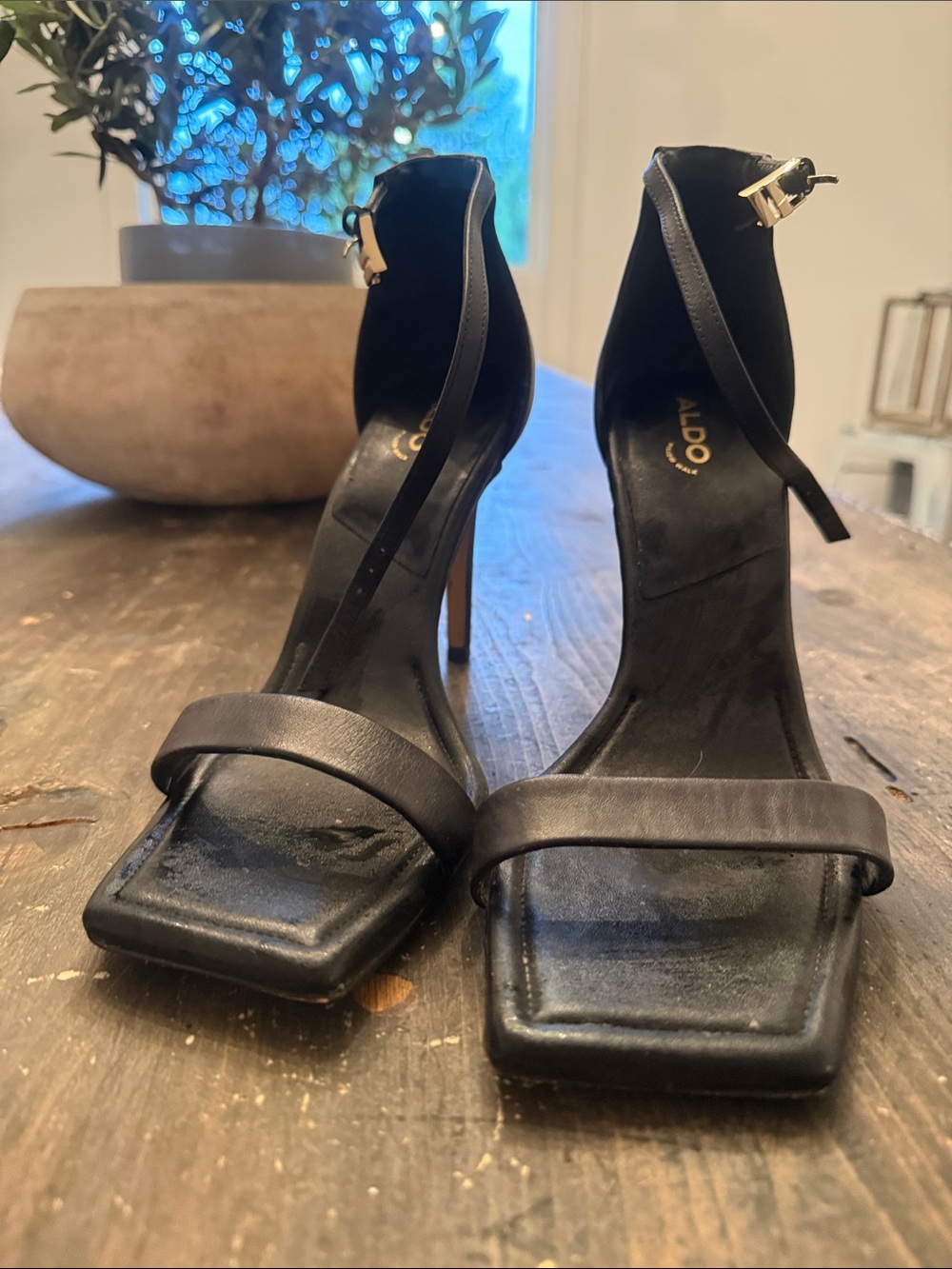 Aldo Black Strappy Square-Toe High Heel Sandals with Gold Buckle
